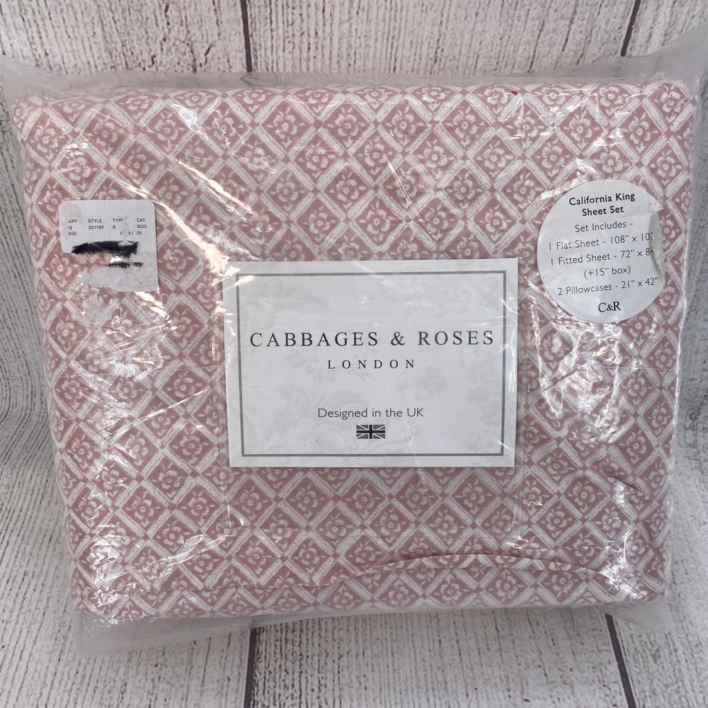 Cabbages & Roses Sheet Set California King Pink Flower Block Plaster 4pc Cotton